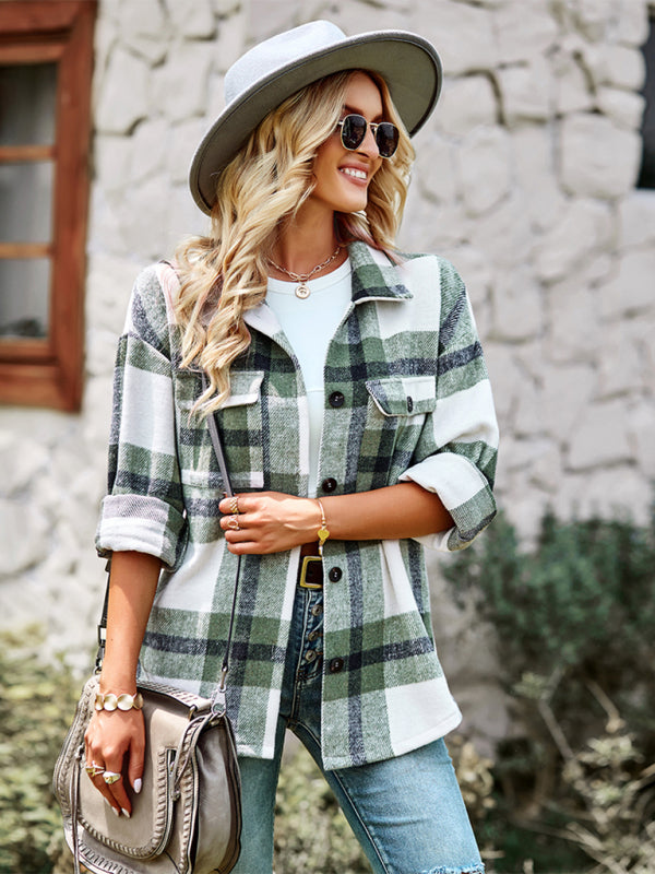 Women's Plaid long sleeve shirt casual coat