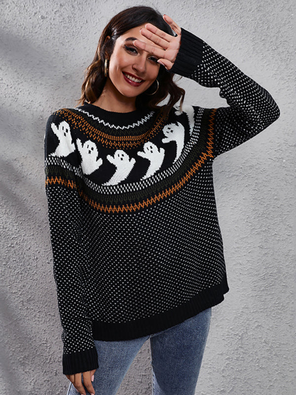 Women's Halloween Ghost retro wave point long sleeve knitted sweater