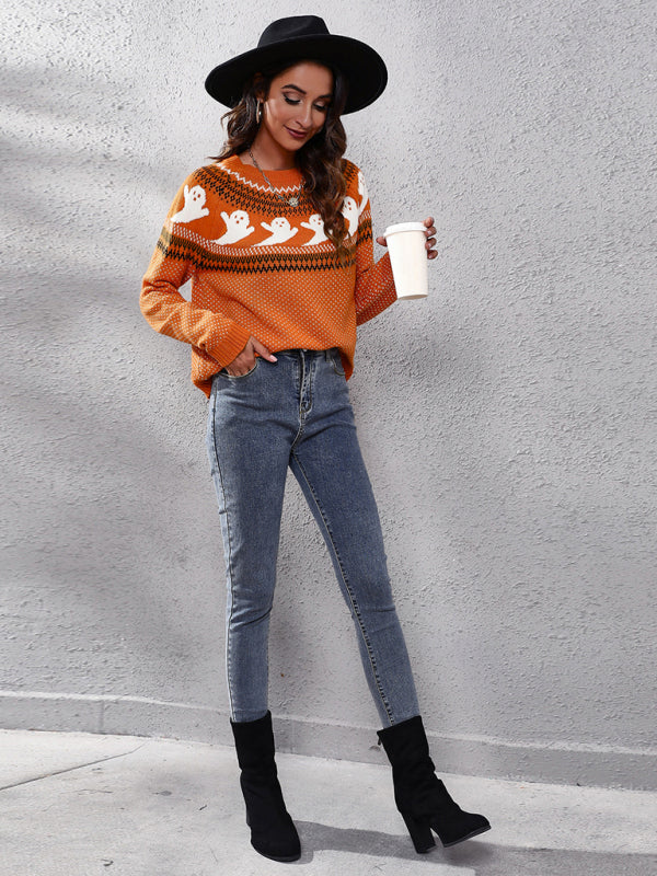 Women's Halloween Ghost retro wave point long sleeve knitted sweater