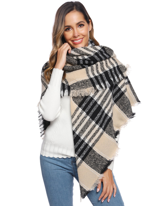 Ladies Circle Gauze Plaid Bristle Square Scarf