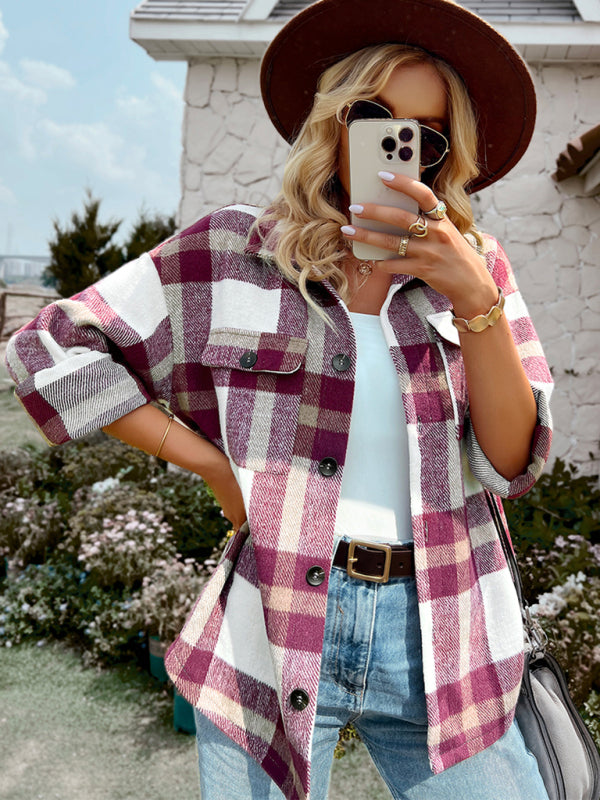 Women's Plaid long sleeve shirt casual coat