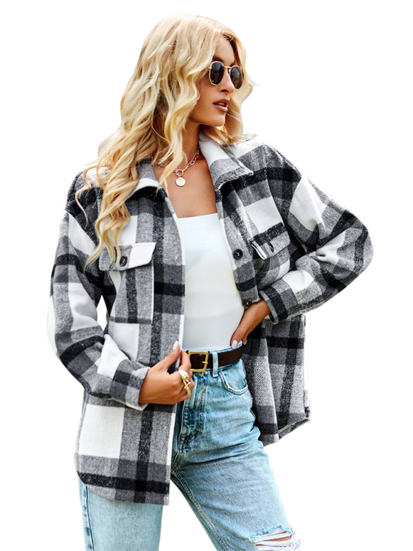 Women's Plaid long sleeve shirt casual coat