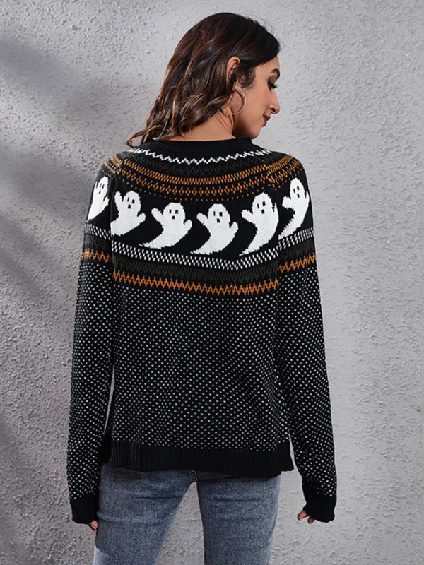 Women's Halloween Ghost retro wave point long sleeve knitted sweater