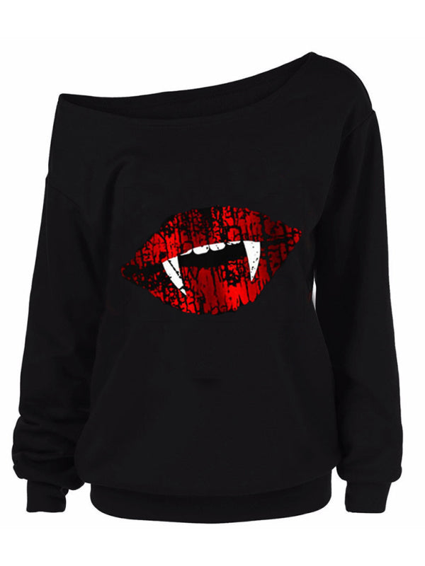 Women's Halloween Print Long Sleeve autumn slant shoulder top T-shirt